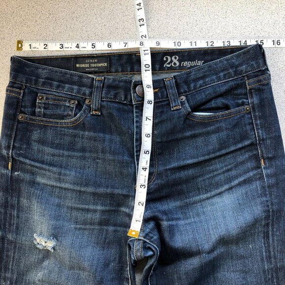 J Crew Mid Rise Toothpick Jeans Women 28 Reg Dark Wash Distressed Knees - Picture 7 of 8